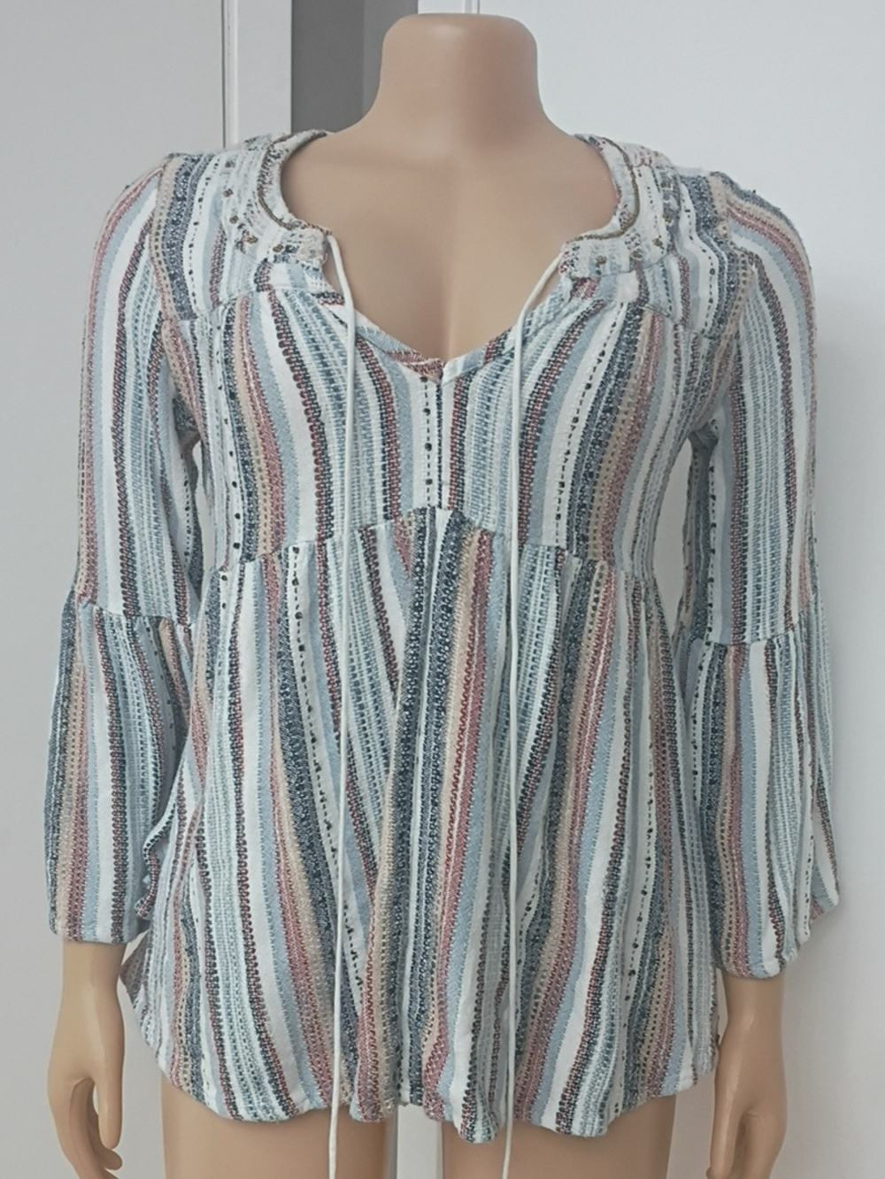 Altar'd State White Multi-Striped Tie-Neck Tunic